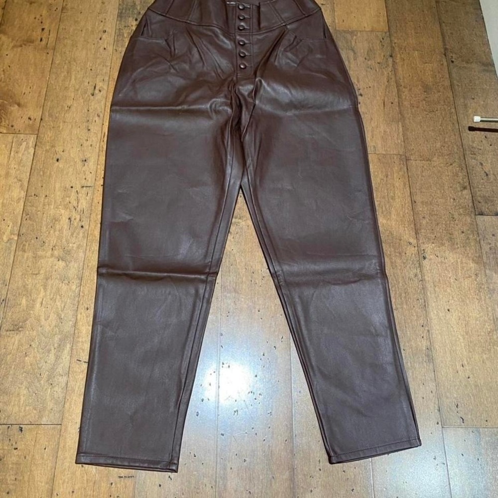 Harvest Hues Bars III Brown leather trousers with button‎ detail, Size: US 10